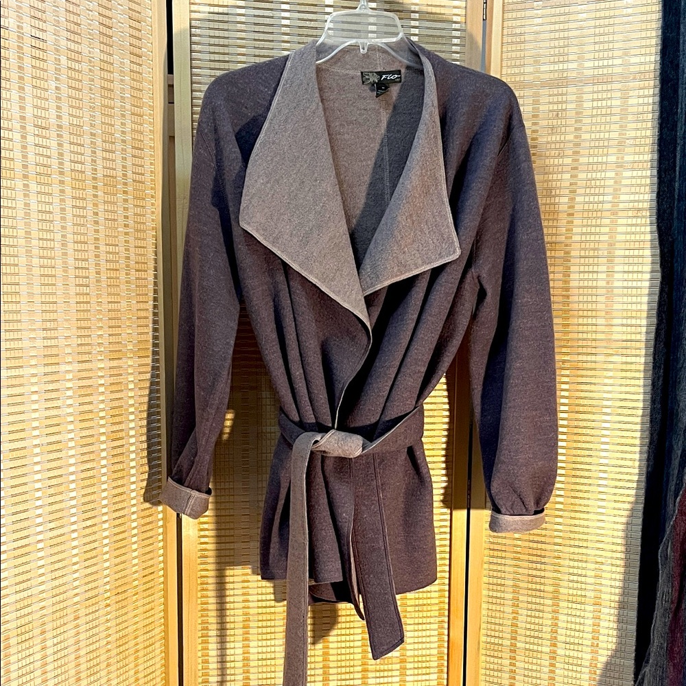 Fio USA vintage Taupe Felted Wool Belted Wrap Sweater Medium